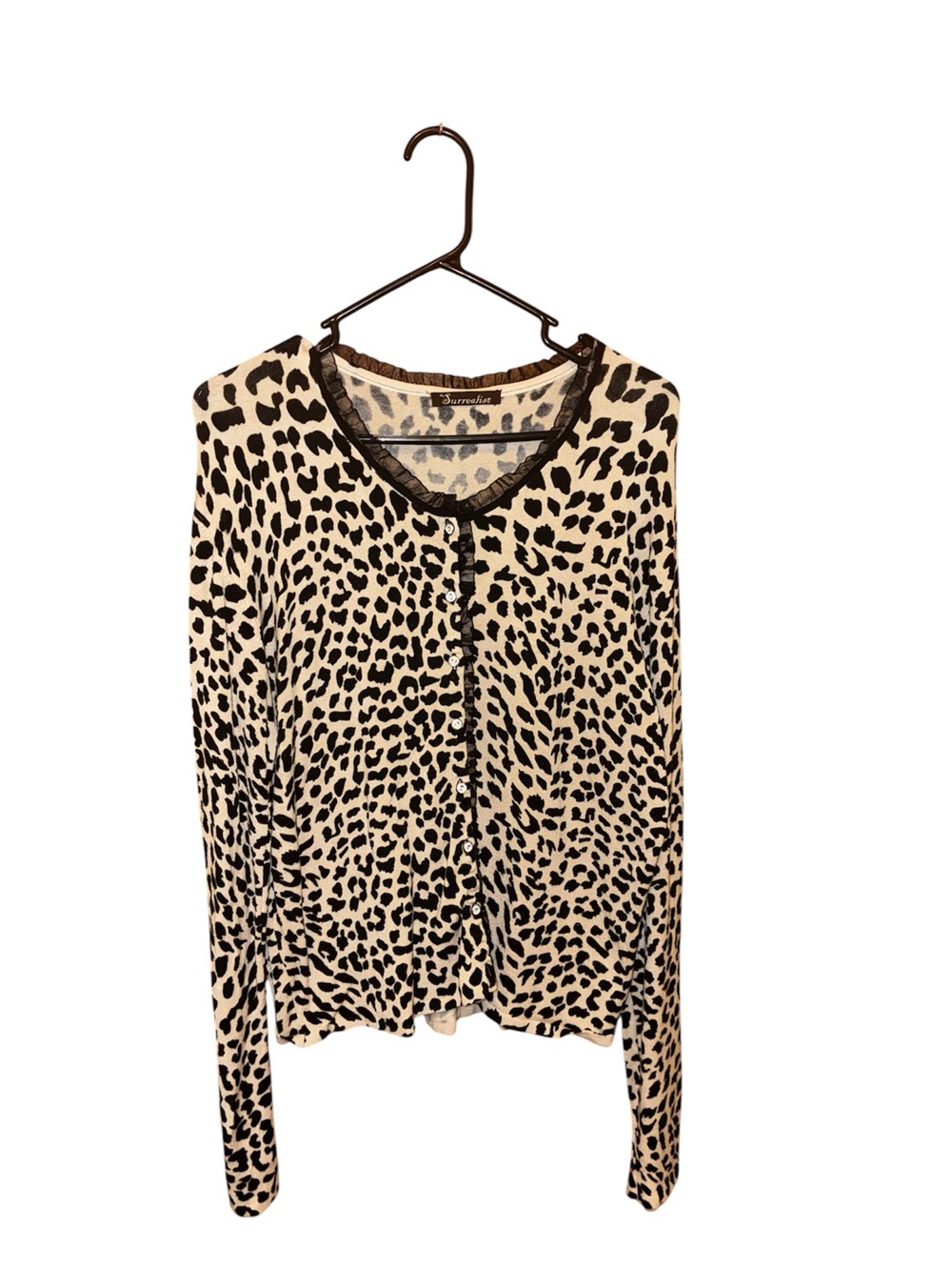 Surrealist Leopard Cardigan with lace detail and diamond button detail L
